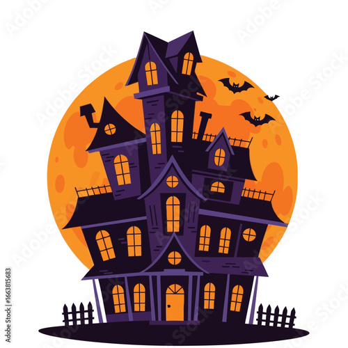 Vector art of a spooky haunted house with glowing windows and bats flying in front of a large orange moon, perfect for halloween