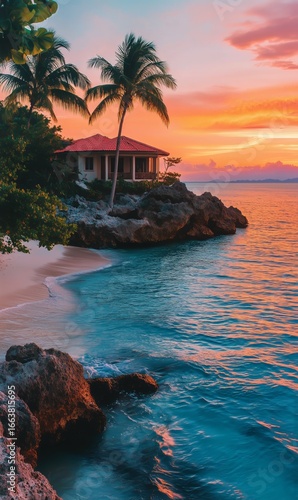 Sunset Over a Tropical Beach House With Palm Trees and Ocean Waves.