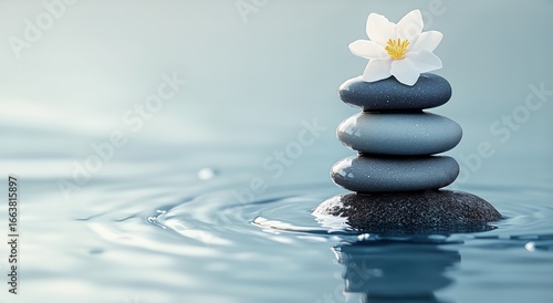 Tranquil Arrangement of Smooth Stones With a White Flower on Water Surface in...