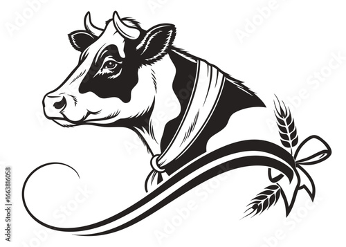 Detailed cow head with wheat and ribbon in a stylized black and white design cattle bovine