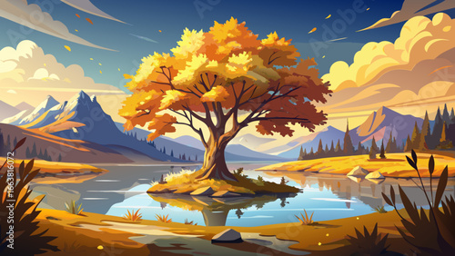 Golden autumn tree stands proudly by tranquil lake, reflection shimmering against open sky, soft breeze carries whispers of change, timeless serenity unfolds gently, endless beauty captured in silence