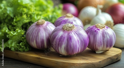 Freshly Harvested Purple Onions on a Wooden Cutting Board With Lettuce and As...
