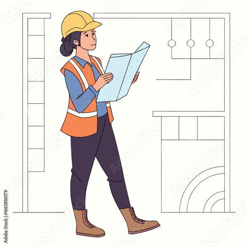 Female Engineer with Yellow Hard Hat Examining Blueprint in Front of Building Plan with Confidence and Precision