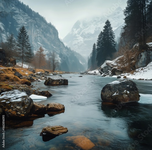 Mountain River Flowing Through Valley With Snow-Covered Peaks and Trees Durin...