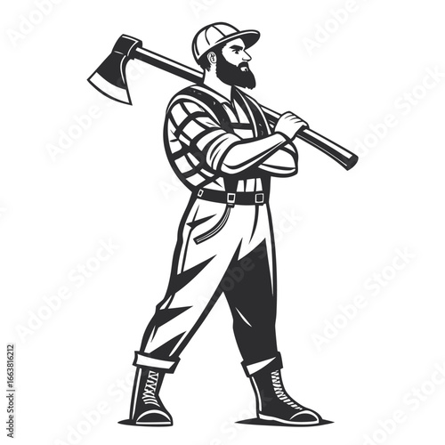 Adobe IllustratIntense Lumberjack Illustration of a Bearded Man with Crossed Arms and Axes in Black and White for a Striking Designor Artwork