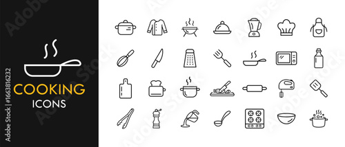 Cooking line icon set, outline web icon collection containing Utensils, Stove, Pan and more, vector illustration in line style