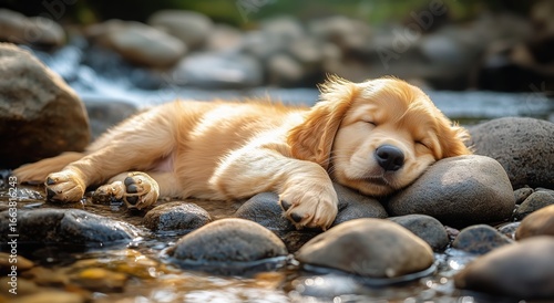 Golden Retriever Puppy Sleeping Peacefully by a River on Smooth Stones During...