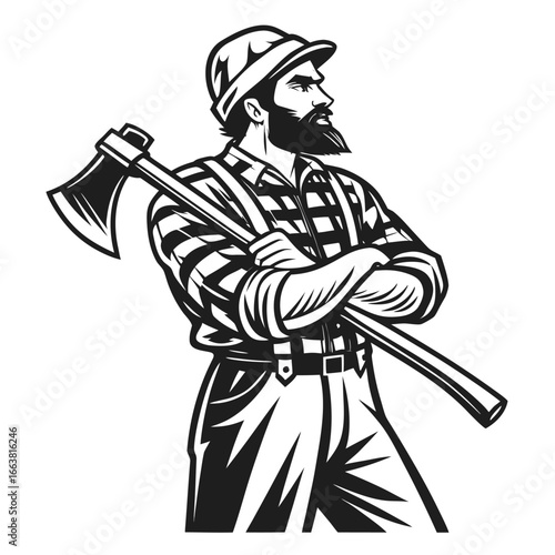 Adobe IllustratIntense Lumberjack Illustration of a Bearded Man with Crossed Arms and Axes in Black and White for a Striking Designor Artwork