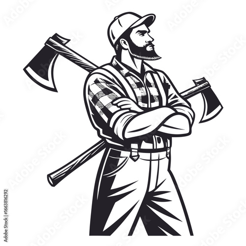 Adobe IllustratIntense Lumberjack Illustration of a Bearded Man with Crossed Arms and Axes in Black and White for a Striking Designor Artwork
