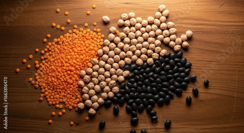Assorted legumes on wooden surface: red lentils, chickpeas, black beans