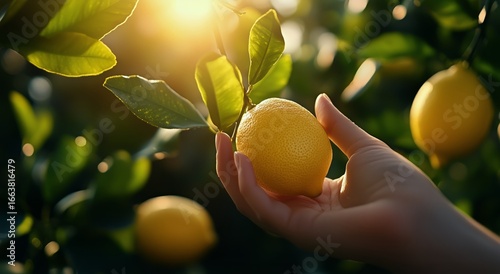 Hand Holding a Ripe Lemon Under Sunlight in a Citrus Orchard During Harvest S...
