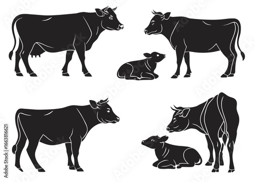 Silhouette illustration of cows and calves in various poses on white background cattle calf
