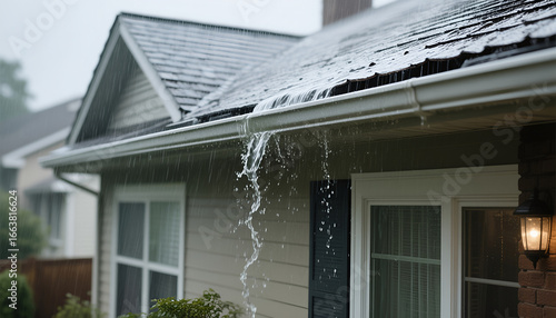 Rainwater cascading from roof gutter during stormy weather  