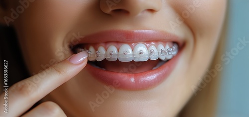 Young Woman Shows off Her Smile With Braces in a Bright, Neutral Setting.