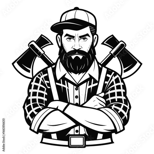 Intense Lumberjack Illustration of a Bearded Man with Crossed Arms and Axes in Black and White for a Striking Design