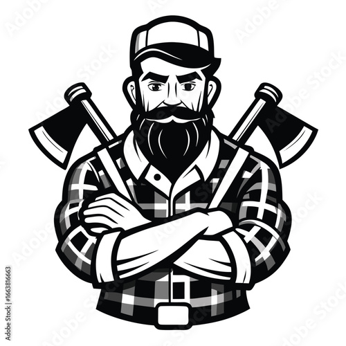 Intense Lumberjack Illustration of a Bearded Man with Crossed Arms and Axes in Black and White for a Striking Design