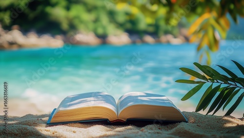 Relaxing by the Tranquil Beach With an Open Book Under Gentle Sunlight