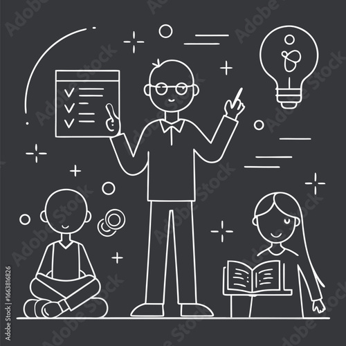 Enlightening Education Illustration A Teacher's Guidance Sparks Creativity and Knowledge in Students with Checklist and Book