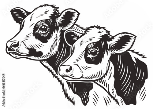 Two black and white illustrations of cow heads side-by-side, one slightly behind the other cattle calf