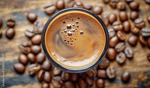 Freshly Brewed Espresso Served in a Glass With Coffee Beans on Wooden Table.