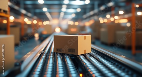 Carton Moving Along Conveyor Belt in a Busy Warehouse During Daytime Operation