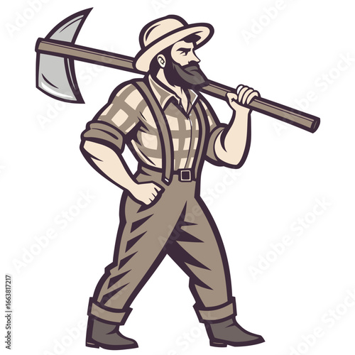 Cartoon Lumberjack Walking with Axe Over His Shoulder Wearing a Red Plaid Shirt and Suspenders Isolated on White