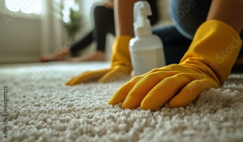 Cleaning Carpet With Gloves and Detergent in a Living Room During Daytime.