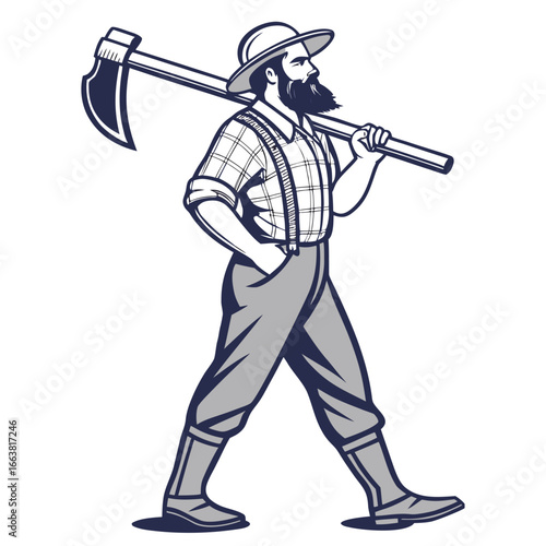Cartoon Lumberjack Walking with Axe Over His Shoulder Wearing a Red Plaid Shirt and Suspenders Isolated on White