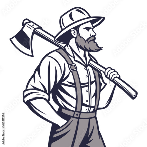 Cartoon Lumberjack Walking with Axe Over His Shoulder Wearing a Red Plaid Shirt and Suspenders Isolated on White