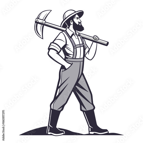 Cartoon Lumberjack Walking with Axe Over His Shoulder Wearing a Red Plaid Shirt and Suspenders Isolated on White