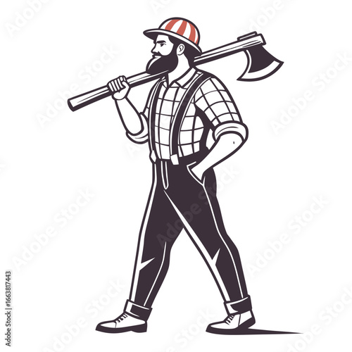 Cartoon Lumberjack Walking with Axe Over His Shoulder Wearing a Red Plaid Shirt and Suspenders Isolated on White