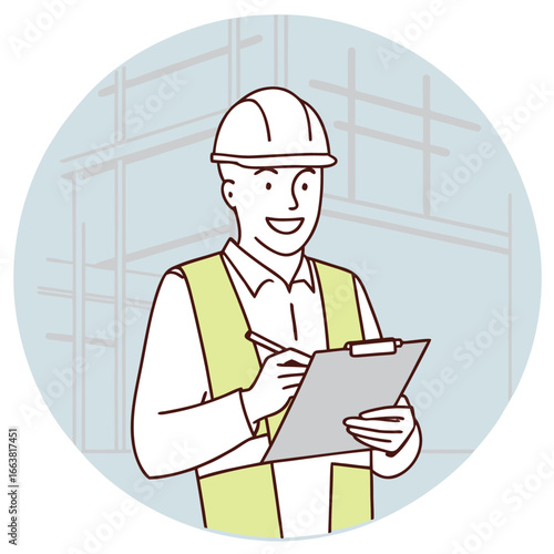 Construction Supervisor Overseeing Site Operations and Documentation within a Circular Frame Depicting Structure
