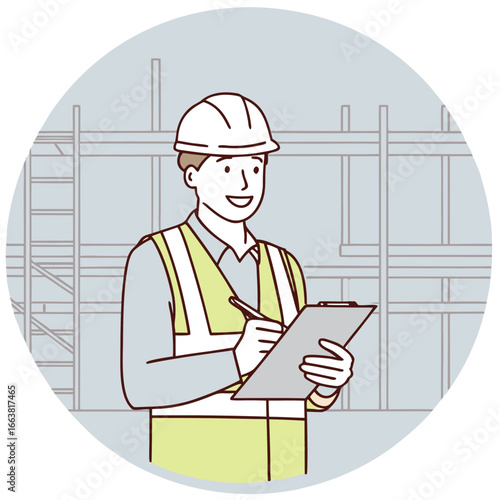 Construction Supervisor Overseeing Site Operations and Documentation within a Circular Frame Depicting Structure