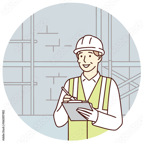 Construction Supervisor Overseeing Site Operations and Documentation within a Circular Frame Depicting Structure