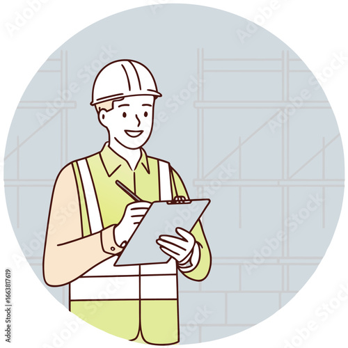 Construction Supervisor Overseeing Site Operations and Documentation within a Circular Frame Depicting Structure