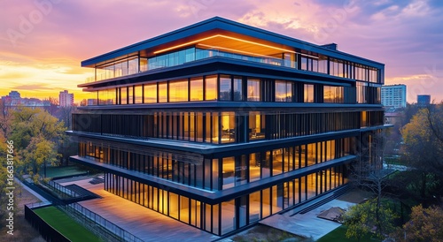 Modern Architectural Design With Glass Facade at Sunset in Urban Environment