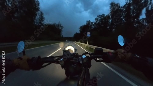 Riding a motocycle naked bike on the road during thunderstorm with flash and thunder at the night - Audio and Video