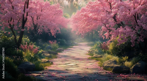 Serene Cherry Blossom Path Surrounded by Vibrant Flowers in a Peaceful Garden...