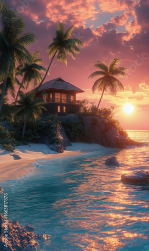 Sunset at a Tropical Beach House Surrounded by Palm Trees and Waves Gently La...