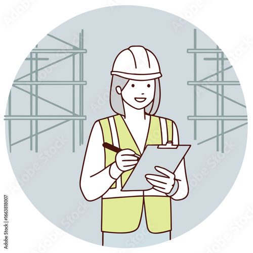 Illustrated Engineer Inspecting Construction Site with Hard Hat and Clipboard for Safety Compliance and Project Management