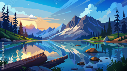 Serene mountain lake glimmers quietly, clear waters reflecting timeless skies, fallen log resting peacefully nearby, tranquil view breathing calmness, surrounding peaks sheltering silence, nature offe