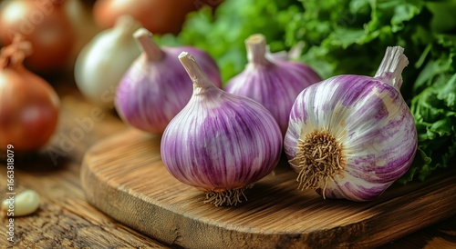 Freshly Harvested Purple Onions on a Wooden Cutting Board With Lettuce and As...