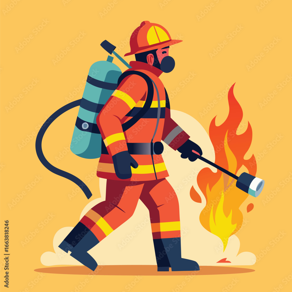 Obraz premium Stylized Wildland Firefighter Burning Vegetation Illustration A Bold Depiction of Bravery and Forest Management with Vibrant Colors and Dynamic Composition