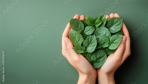 Hands Holding Fresh Green Leaves Heartily on a Solid Green Background in a Na...