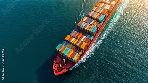 Cargo Ship Navigating Through Calm Waters With Colorful Containers in Sunlight