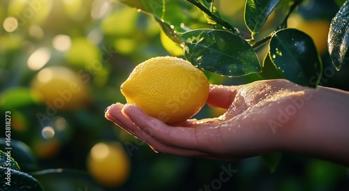 Yellow Lemon Picked From Tree in Sunlit Orchard During Harvest Season