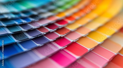 Colorful Spectrum of Paint Swatches Arranged in a Gradient Display Showcasing...