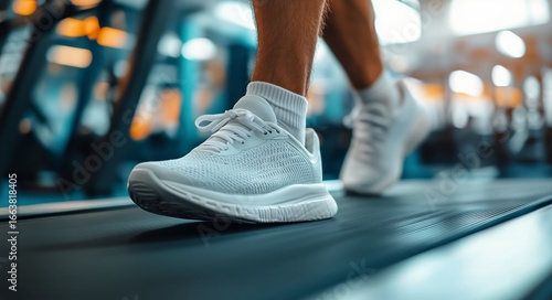 Person Walking in Athletic Shoes on Gym Floor During Workout Session in a Bri...