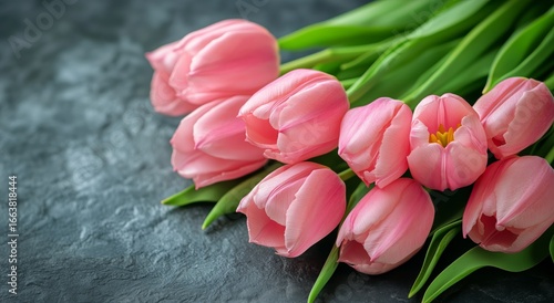 Beautiful Pink Tulips Arranged With Green Leaves on a Dark Textured Background