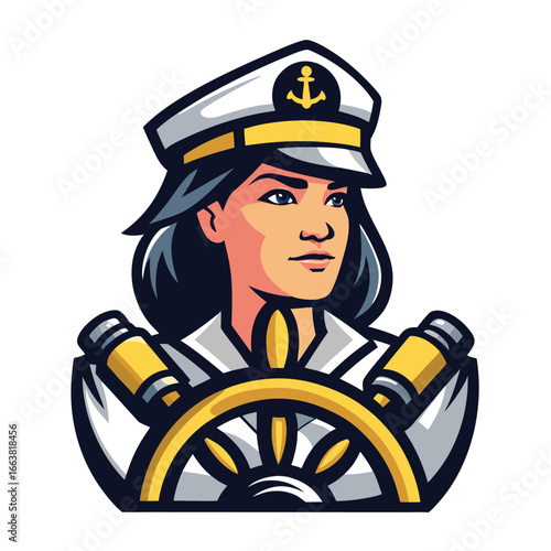 Stylish Woman Captain with Nautical Hat and Ship Wheel A Retro Inspired Maritime Illustration